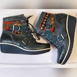 Teal Leather Wedge Platform Boots EU41/10.5  Western Boho Coastal Festival Boots